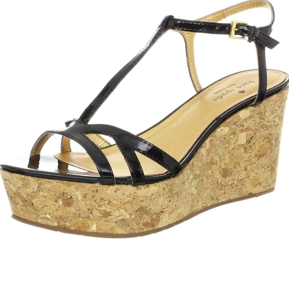 kate spade Theodora black patent cork wedge - Picture 1 of 9